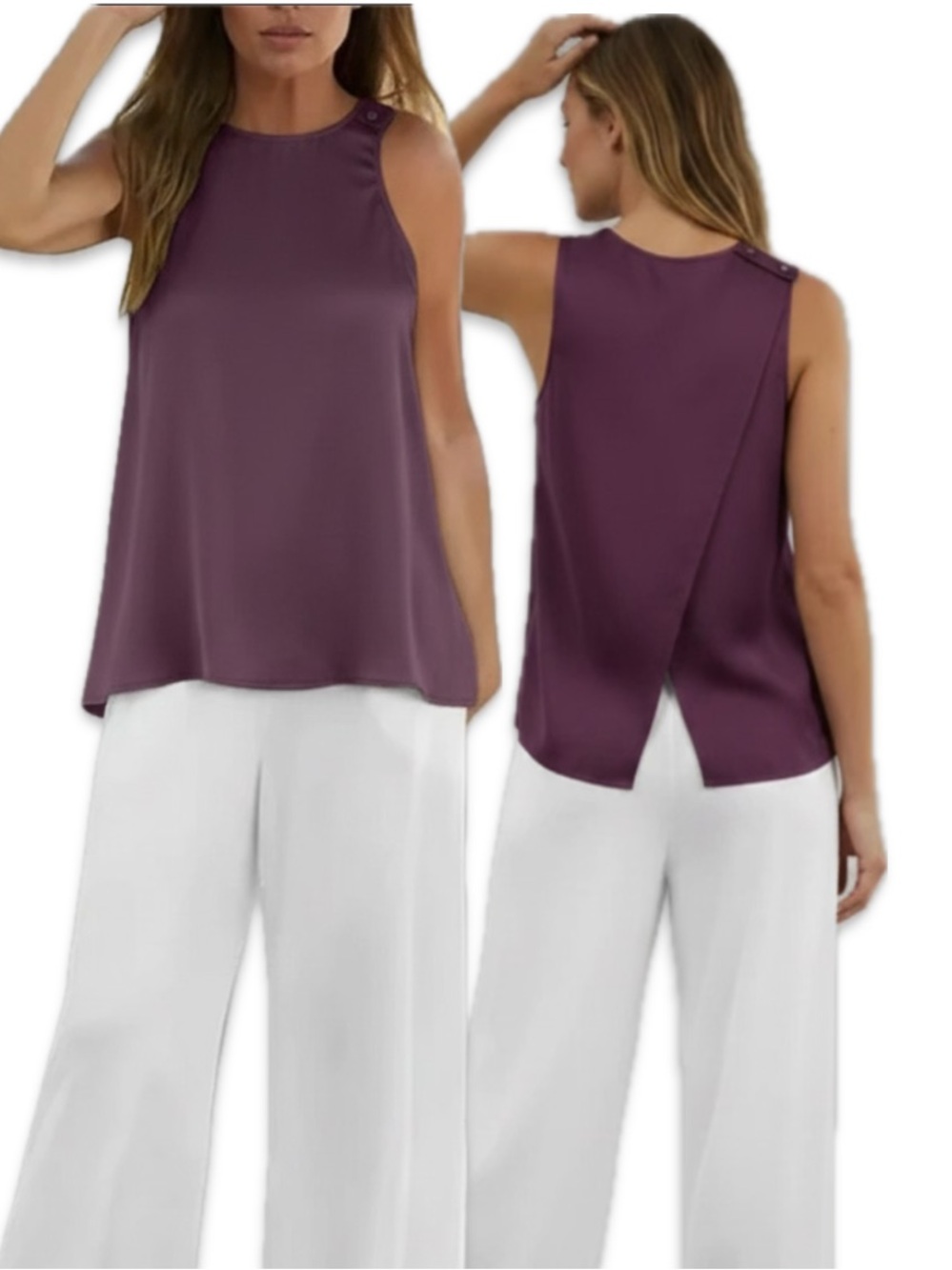 Wilfred Aritzia Silk Blend Deep Plum Split-Back Sleeveless Top Crew Neck XS/S